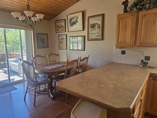 dining room with wood ceiling, a chandelier, lofted ceiling, and wood finished floors