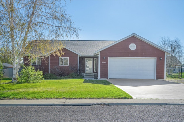ranch-style house with concrete driveway, an attached garage, and a shingled roof