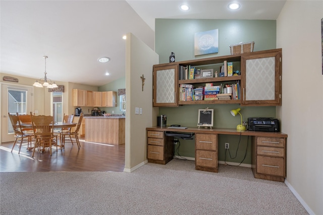 office featuring light carpet, a chandelier, baseboards, and recessed lighting