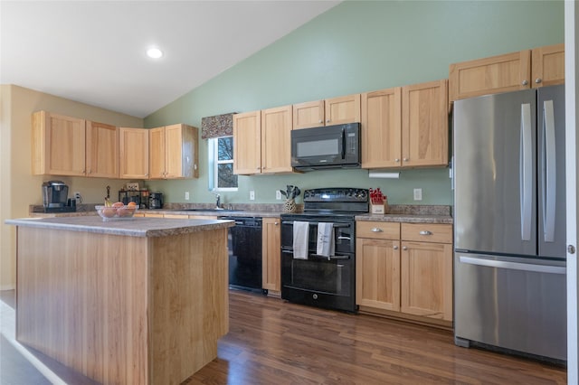 kitchen with black appliances, light brown cabinetry, high vaulted ceiling, dark wood-style floors, and recessed lighting