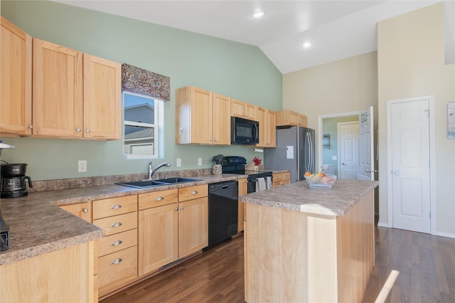kitchen featuring black appliances, light brown cabinets, a sink, high vaulted ceiling, and dark wood-style flooring