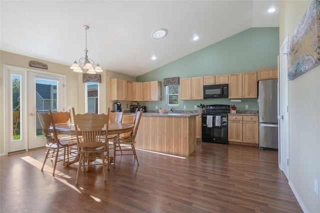 dining room featuring healthy amount of natural light, high vaulted ceiling, dark wood-style floors, a chandelier, and recessed lighting