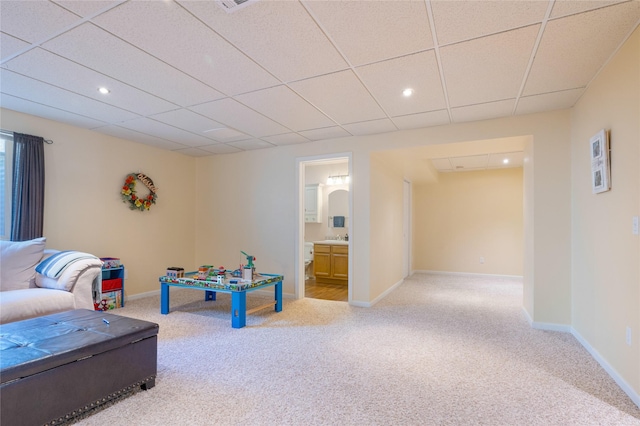 rec room featuring carpet, baseboards, and recessed lighting