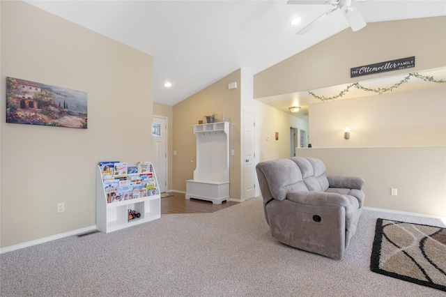 sitting room with vaulted ceiling, carpet floors, ceiling fan, recessed lighting, and baseboards