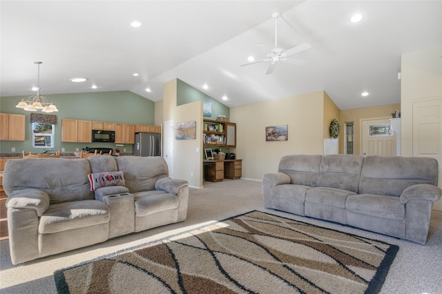 living room with lofted ceiling, light colored carpet, ceiling fan, baseboards, and recessed lighting