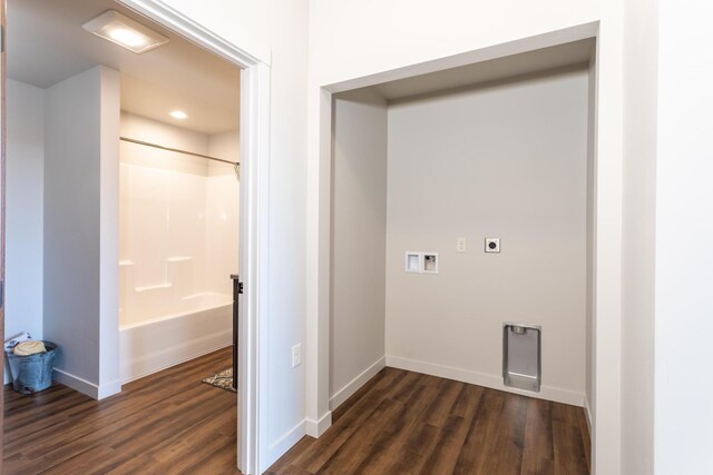 laundry area featuring hookup for an electric dryer, dark wood-type flooring, hookup for a washing machine, baseboards, and recessed lighting