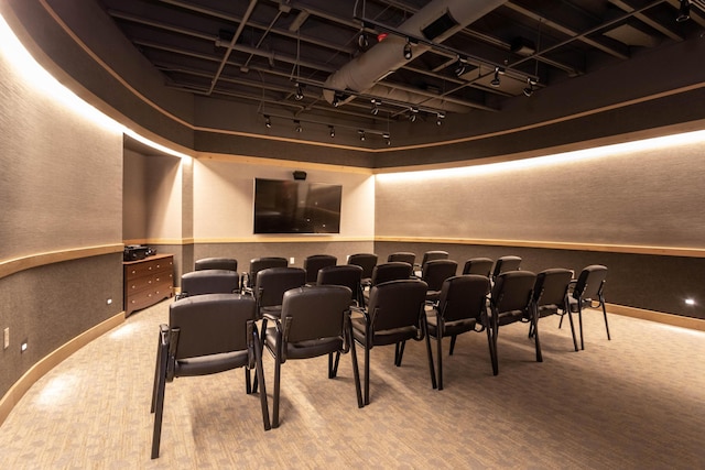 carpeted home theater with rail lighting