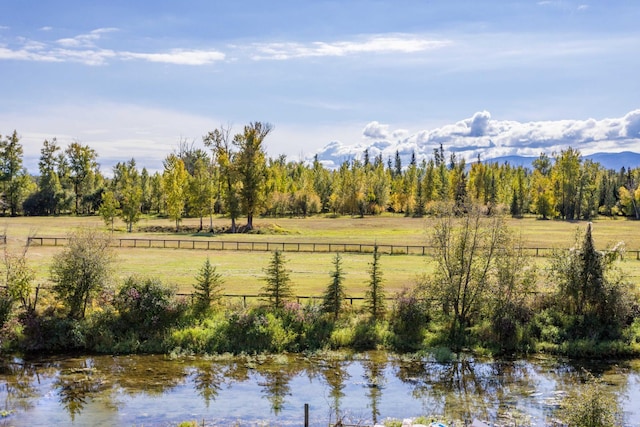 water view featuring fence and rural landscape