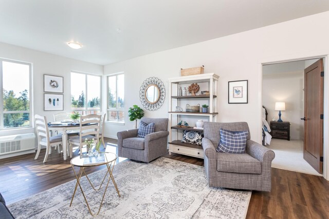 living area featuring healthy amount of natural light, wood finished floors, and a wall unit AC