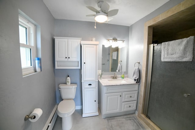 1536 Meadowlark Dr Unit 10B, Great Falls, MT 59404 - bathroom with vanity, a shower stall, a ceiling fan, and a baseboard radiator