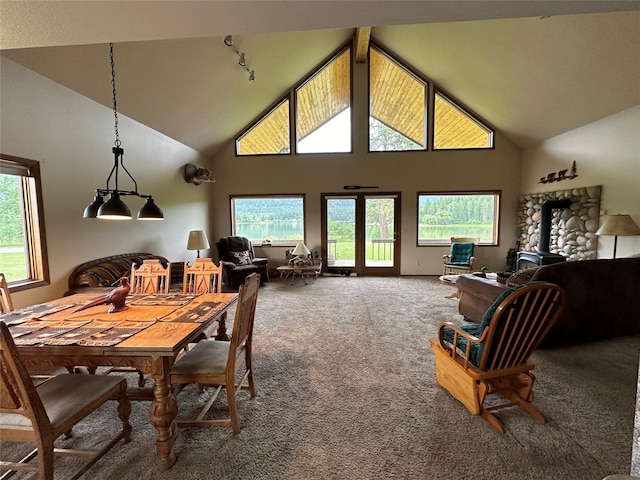 carpeted dining room with high vaulted ceiling and a wood stove