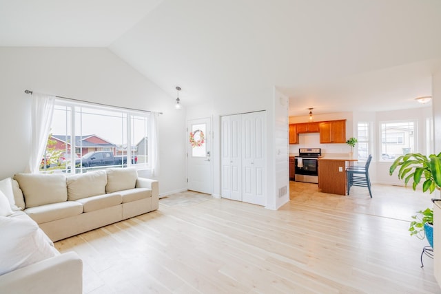 living area featuring light wood-type flooring, lofted ceiling, and baseboards