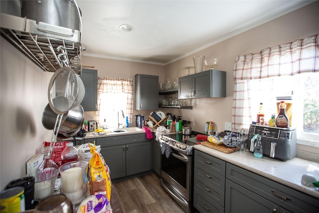1011 4th Ave NW, Great Falls, MT 59404 - kitchen with stainless steel electric range, gray cabinetry, a sink, dark wood finished floors, and crown molding