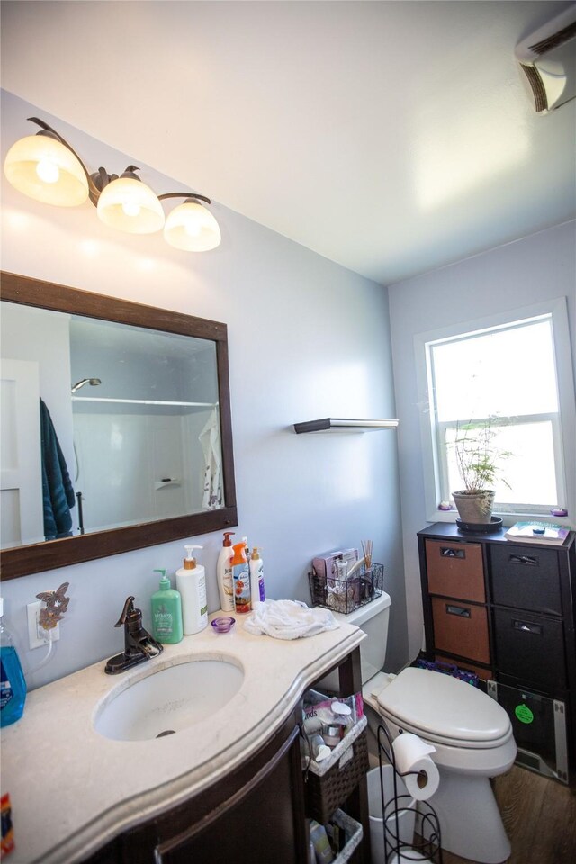 1011 4th Ave NW, Great Falls, MT 59404 - bathroom with toilet, vanity, wood finished floors, and a shower