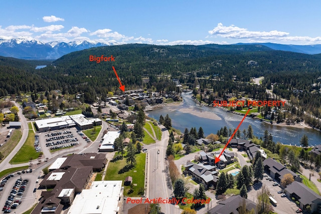 aerial view of a heavily wooded area and a water and mountain view