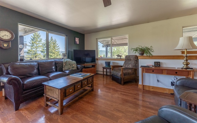5550 Farm To Market Rd, Whitefish, MT 59937 - living area with wood finished floors, a baseboard radiator, and a ceiling fan