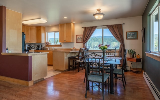 5550 Farm To Market Rd, Whitefish, MT 59937 - kitchen with a baseboard heating unit, a peninsula, light brown cabinets, a sink, and a mountain view