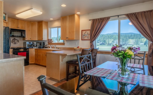 5550 Farm To Market Rd, Whitefish, MT 59937 - kitchen with black appliances, a mountain view, light brown cabinetry, a peninsula, and recessed lighting