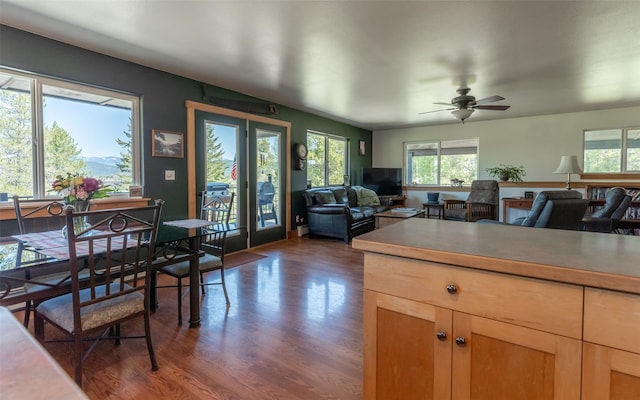 5550 Farm To Market Rd, Whitefish, MT 59937 - kitchen with plenty of natural light, dark wood-type flooring, a ceiling fan, and open floor plan