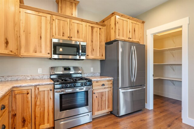 kitchen with appliances with stainless steel finishes, light brown cabinetry, and wood finished floors