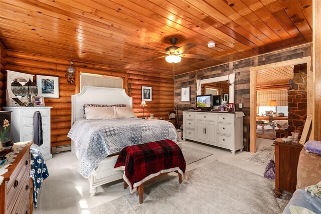 bedroom with rustic walls, wooden ceiling, and a baseboard heating unit