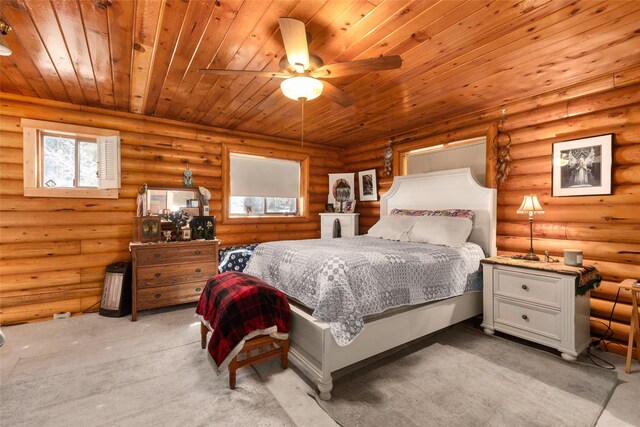 bedroom featuring wooden ceiling, log walls, and light carpet