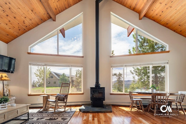 living room featuring high vaulted ceiling, wood ceiling, hardwood / wood-style flooring, beamed ceiling, and healthy amount of natural light