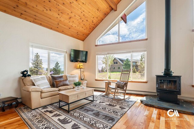 living room featuring wood-type flooring, high vaulted ceiling, a wood stove, wooden ceiling, and baseboard heating