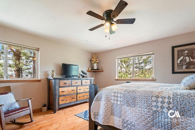 bedroom featuring multiple windows, light wood-style floors, a ceiling fan, and baseboards