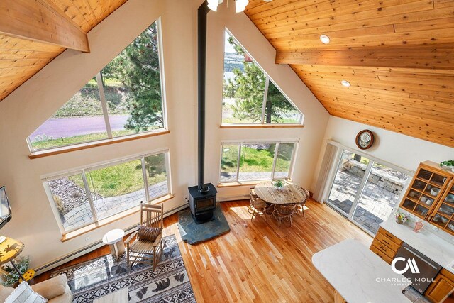 living room with a wood stove, high vaulted ceiling, wooden ceiling, wood finished floors, and baseboard heating