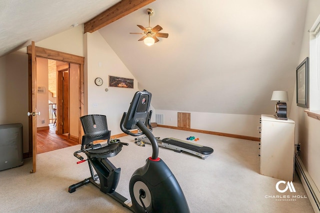 exercise area with baseboard heating, lofted ceiling, ceiling fan, carpet flooring, and baseboards
