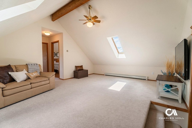 unfurnished living room featuring a skylight, a baseboard heating unit, carpet flooring, and a ceiling fan