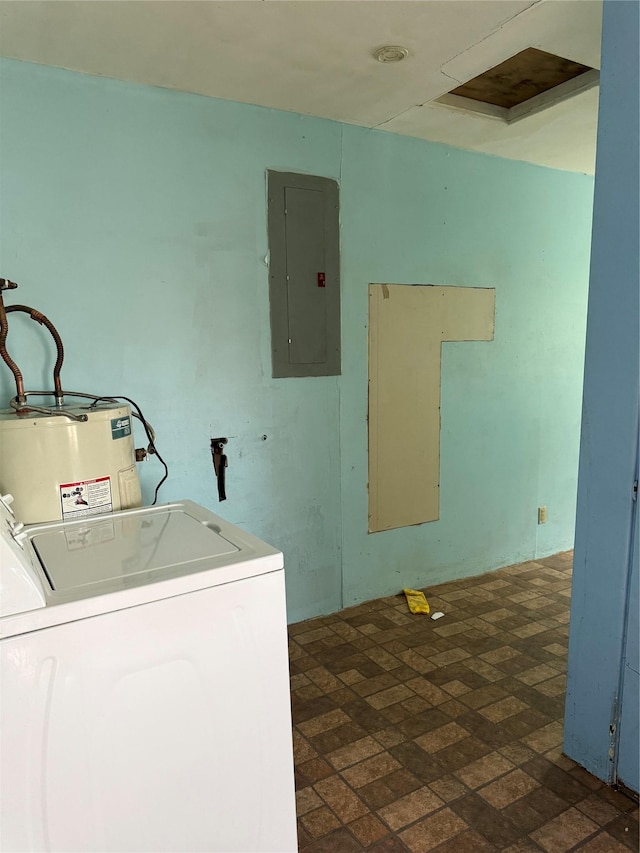 laundry room featuring washer / dryer, electric water heater, electric panel, and brick patterned floors