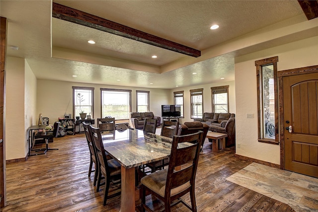45292 Locust Ln, Charlo, MT 59824 - dining room with a textured ceiling, dark wood-style floors, plenty of natural light, baseboards, and recessed lighting