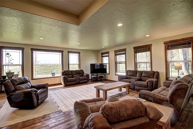 45292 Locust Ln, Charlo, MT 59824 - living area with a textured ceiling, recessed lighting, wood finished floors, and baseboards