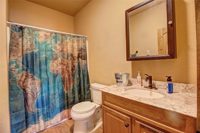 45292 Locust Ln, Charlo, MT 59824 - full bath featuring vanity, toilet, wood finished floors, and a shower with curtain