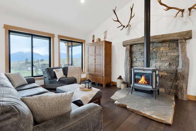 559 Stage Springs Ln, Stevensville, MT 59870 - living room with a wood stove, lofted ceiling, dark wood-style flooring, and baseboards