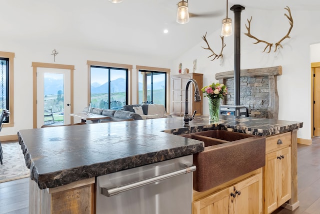 559 Stage Springs Ln, Stevensville, MT 59870 - kitchen with stainless steel dishwasher, open floor plan, wood finished floors, a sink, and light brown cabinets