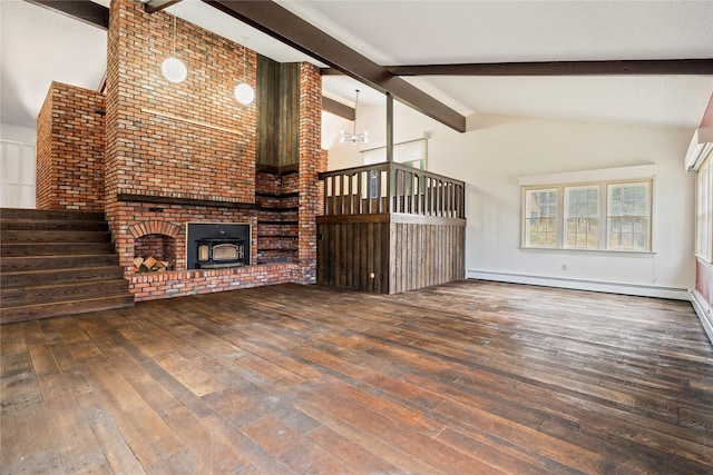 unfurnished living room with hardwood / wood-style floors, high vaulted ceiling, beam ceiling, a baseboard heating unit, and stairs