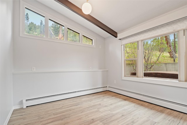 unfurnished room with light wood-type flooring, beam ceiling, and a baseboard heating unit
