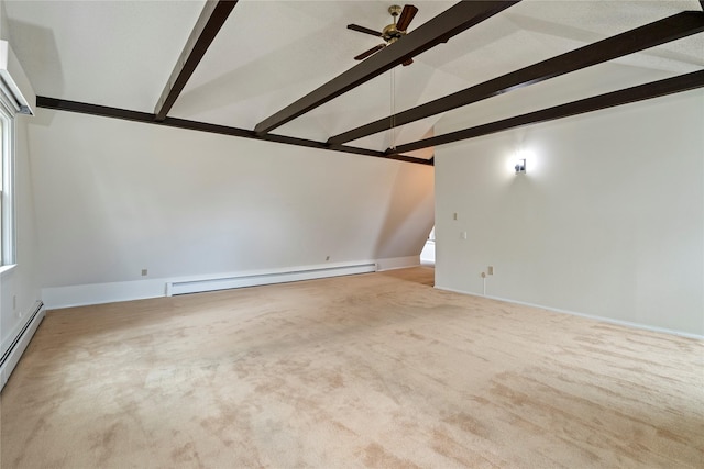 unfurnished living room featuring a baseboard radiator, ceiling fan, carpet floors, and baseboards
