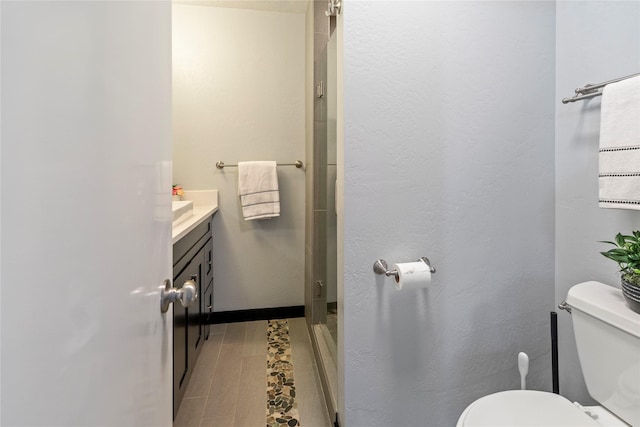 bathroom with toilet, vanity, and a shower stall