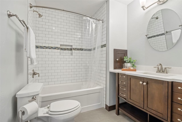 full bath with toilet, vanity, shower / bath combo with shower curtain, and tile patterned flooring