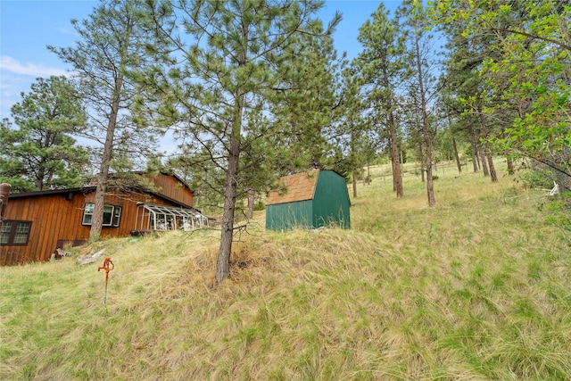 view of yard featuring an outbuilding and a storage shed