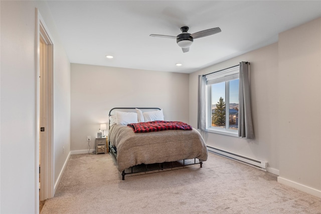 carpeted bedroom with baseboard heating, baseboards, ceiling fan, and recessed lighting