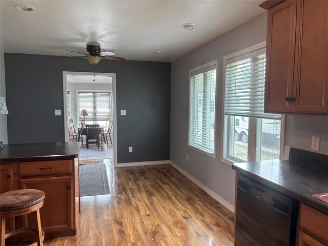 307 S Iowa St, Conrad, MT 59425 - kitchen with dishwasher, dark countertops, light wood-type flooring, a ceiling fan, and baseboards