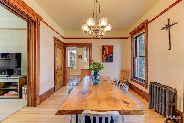 dining room featuring radiator heating unit, light wood finished floors, a chandelier, and plenty of natural light