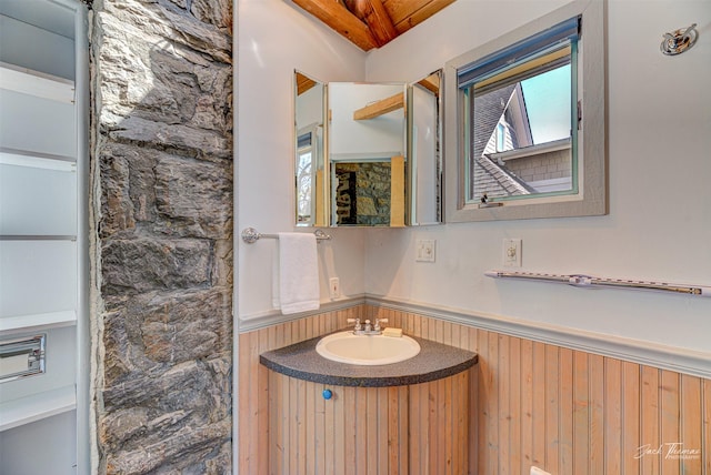 bathroom featuring a sink, a wainscoted wall, and wood walls