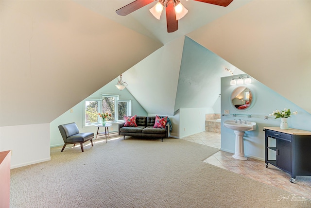 additional living space featuring carpet flooring, a ceiling fan, vaulted ceiling, tile patterned floors, and baseboards