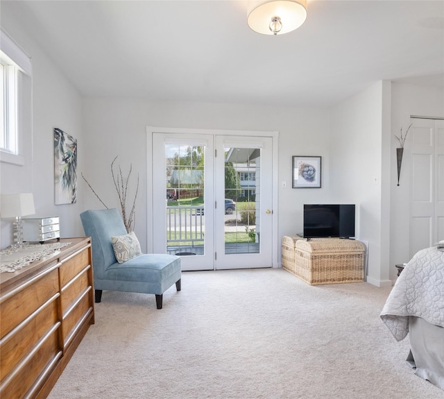 bedroom featuring light carpet, multiple windows, access to outside, and baseboards